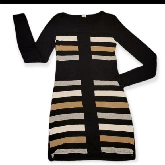 Three dots size small long sleeve dress colors black, gray, white, and tan strip - Picture 1 of 5